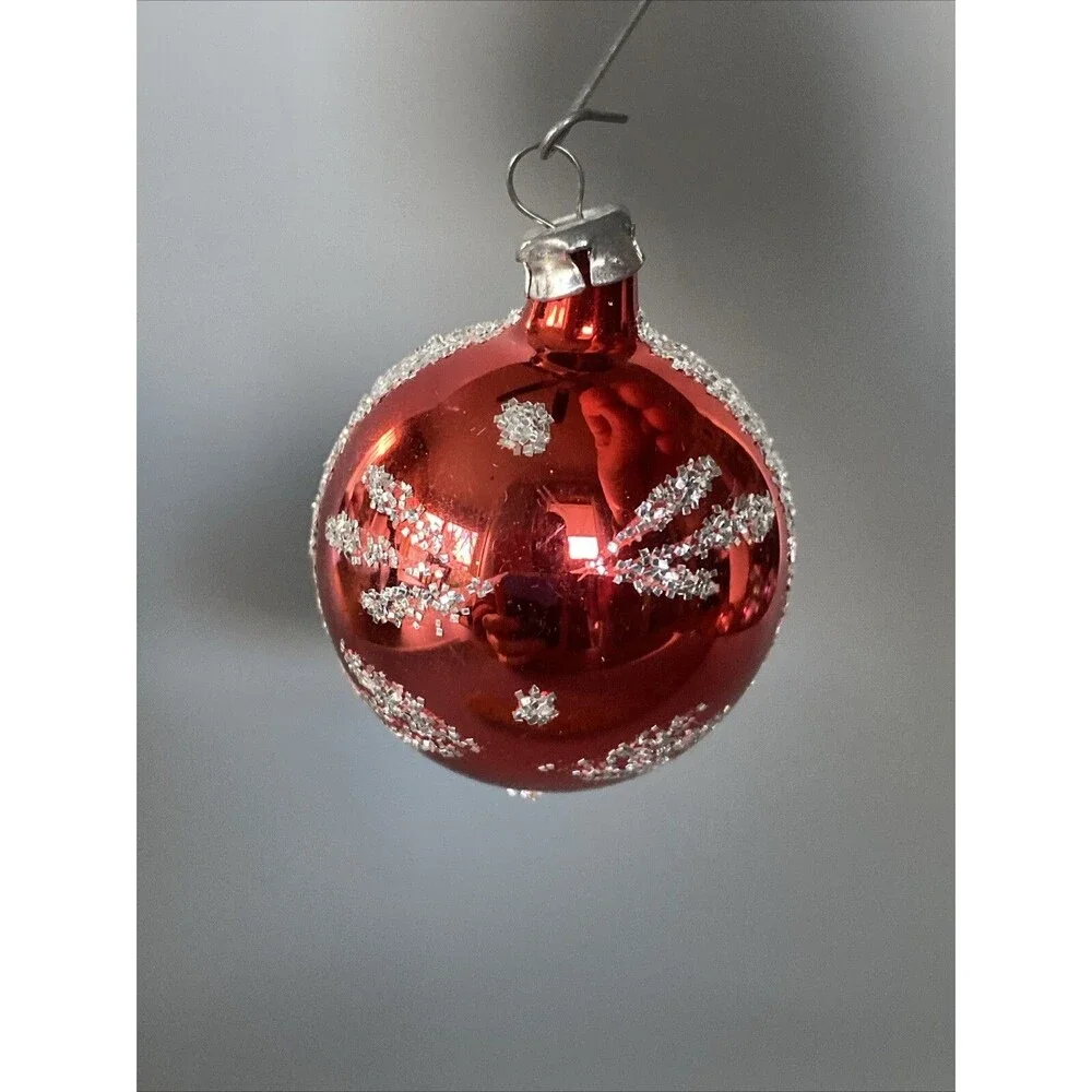 Vintage Hand Painted Blown Glass Christmas Ornament Red Small Ball Glitter